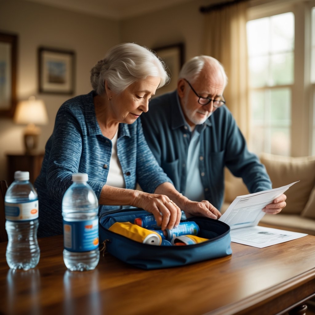An elderly woman and man packing an emergency evacuation kit together in a cozy living room.