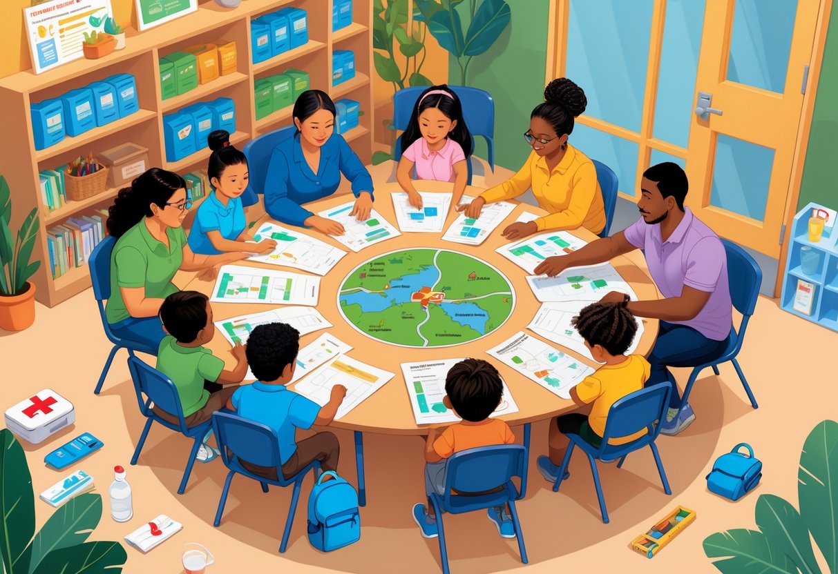 Adults and children working together in a meeting to plan emergency preparedness for keeping children safe and healthy during a crisis.