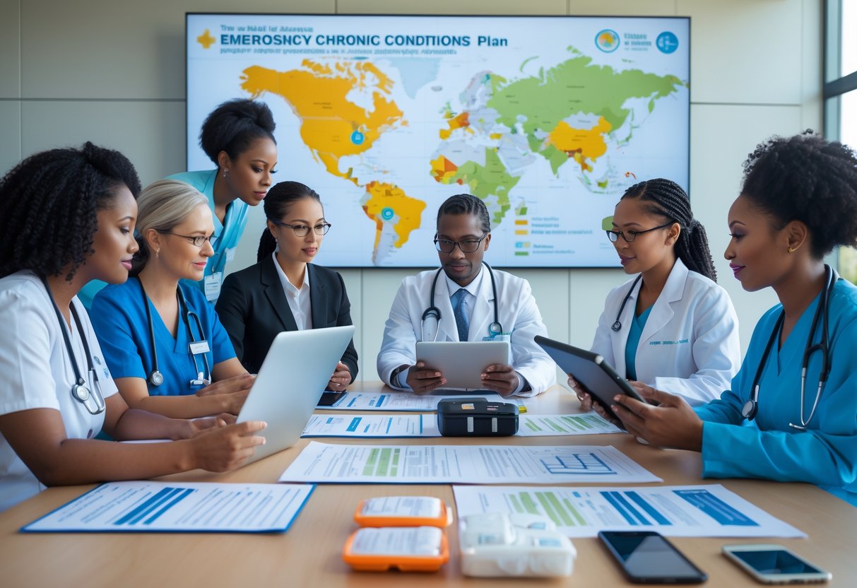 Healthcare professionals and community leaders working together around a table reviewing emergency preparedness plans for managing chronic conditions during disasters.
