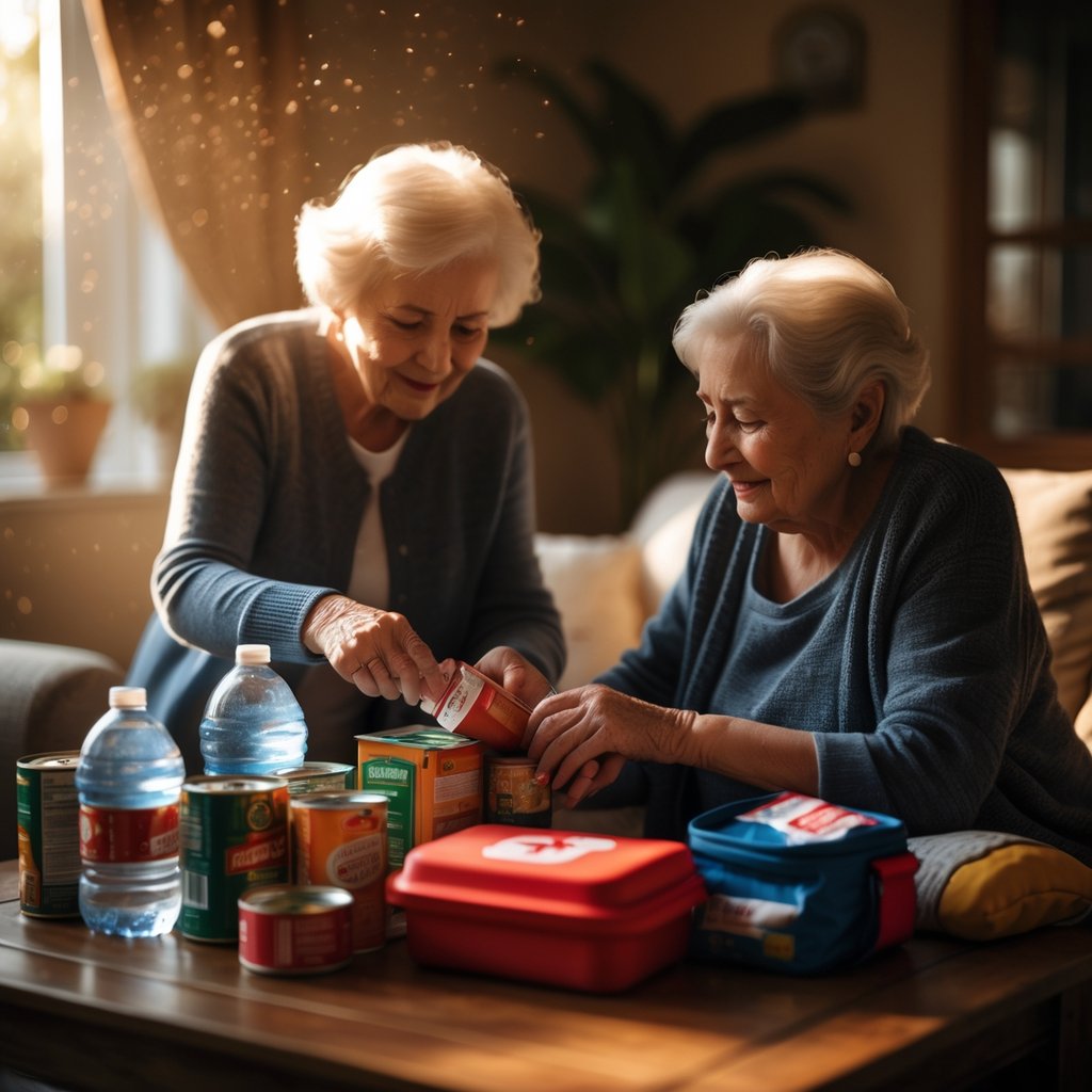 An elderly couple organizing emergency supplies on a table in their living room.