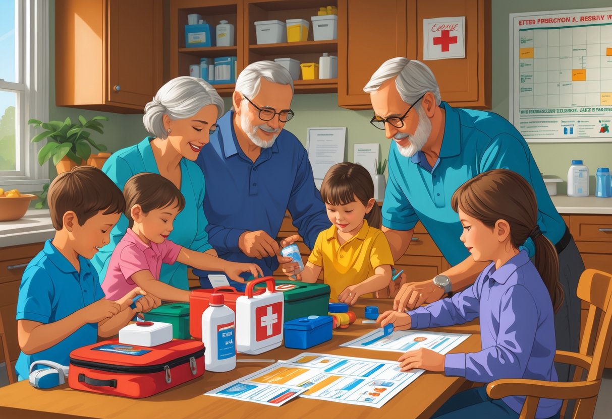 A family of adults and children preparing emergency supplies together in a home setting, including first aid kits and an evacuation map.