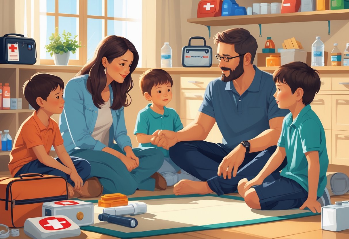 A family of four gathered around emergency supplies at home, with parents teaching their children about safety and preparedness.