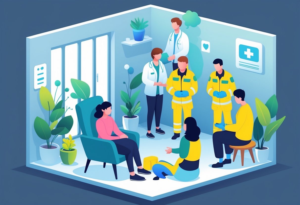 People in a safe indoor space receiving emotional support from a counselor and emergency responders, creating a calm and caring environment.