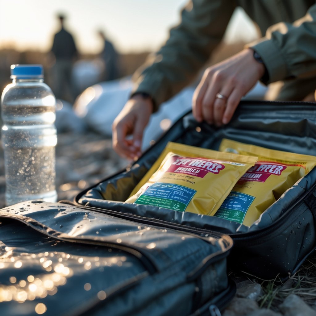 Close-up of an emergency food kit with sealed meal packets and water purification tablets next to a clear water bottle, with hands using a water filter in the blurred background.