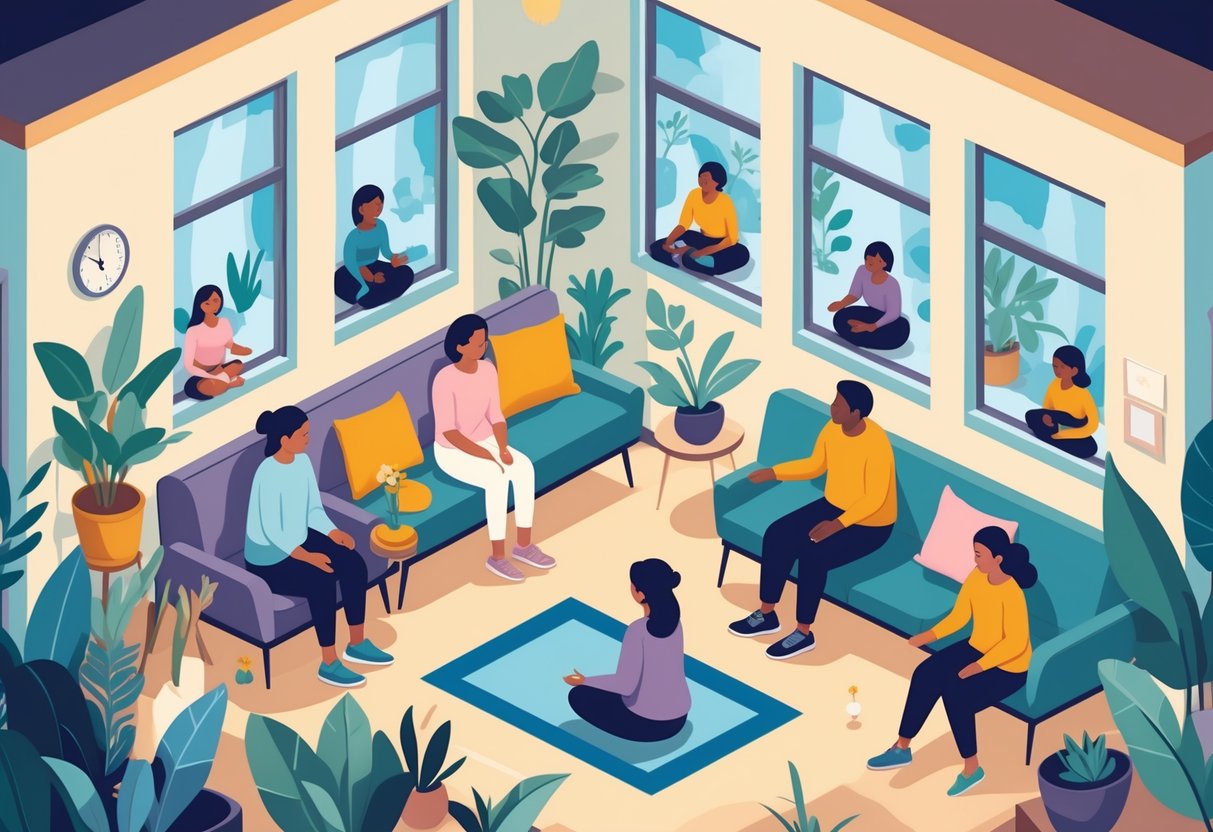 A group of people receiving emotional support and counseling in an emergency shelter, with others practicing mindfulness and emergency responders visible outside.