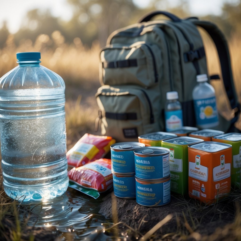 A close-up view of emergency food and water supplies including a water container, canned goods, and packaged food arranged with a backpack in the background.