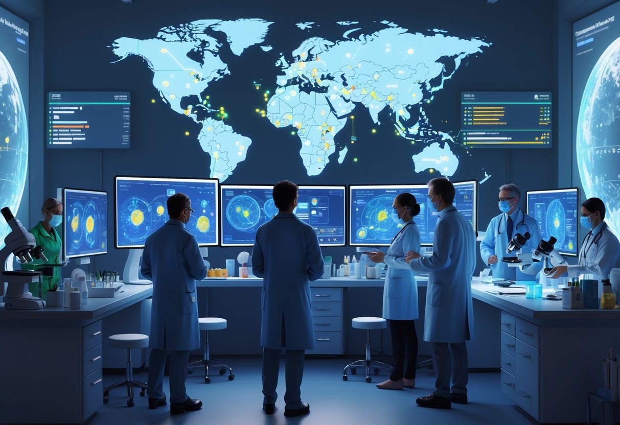 A group of healthcare professionals and scientists working together in a high-tech emergency operations center with digital screens showing virus data and global maps.