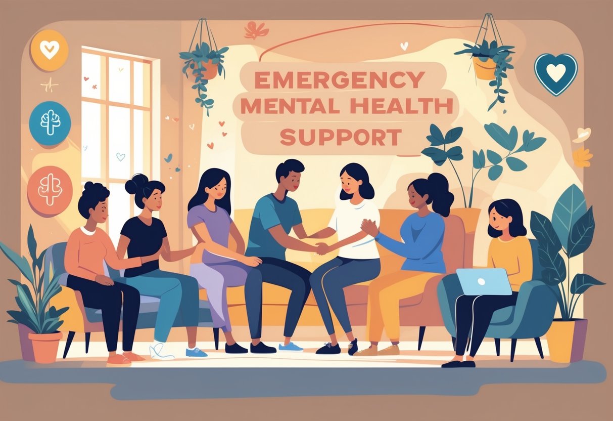 A group of people receiving emotional support from mental health professionals in a calm, welcoming room during an emergency.