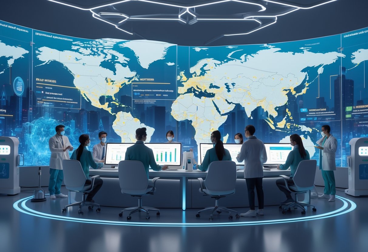 A group of healthcare workers and scientists in a high-tech control room analyzing data on infectious disease outbreaks with digital maps and holographic displays.