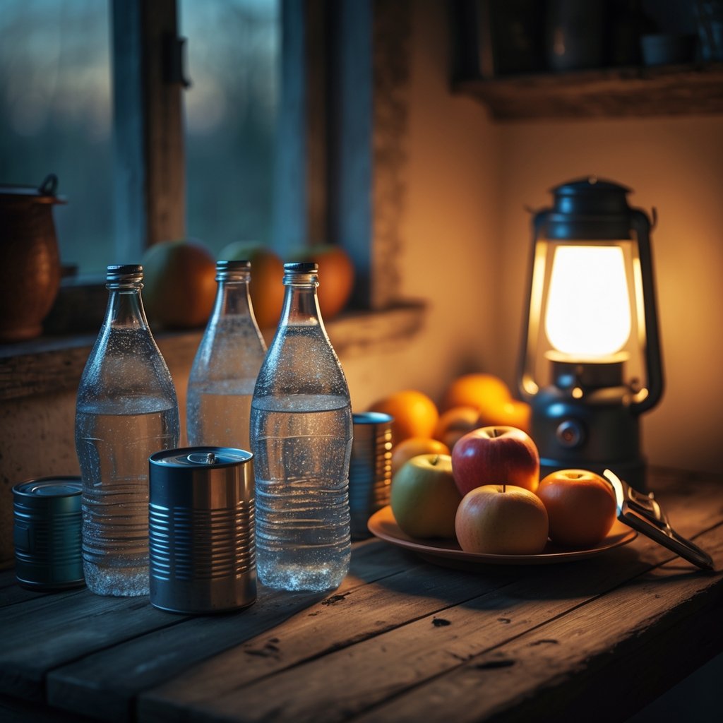 A wooden table with bottled water, canned food, fresh fruit, and a glowing lantern in a dimly lit room.