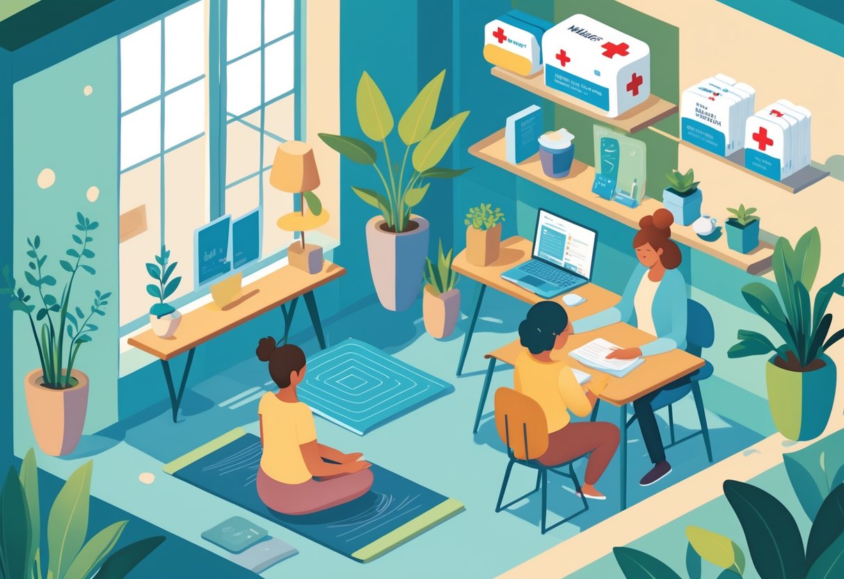 People practicing calming activities like deep breathing, journaling, and talking with a friend in a peaceful room with emergency supplies.