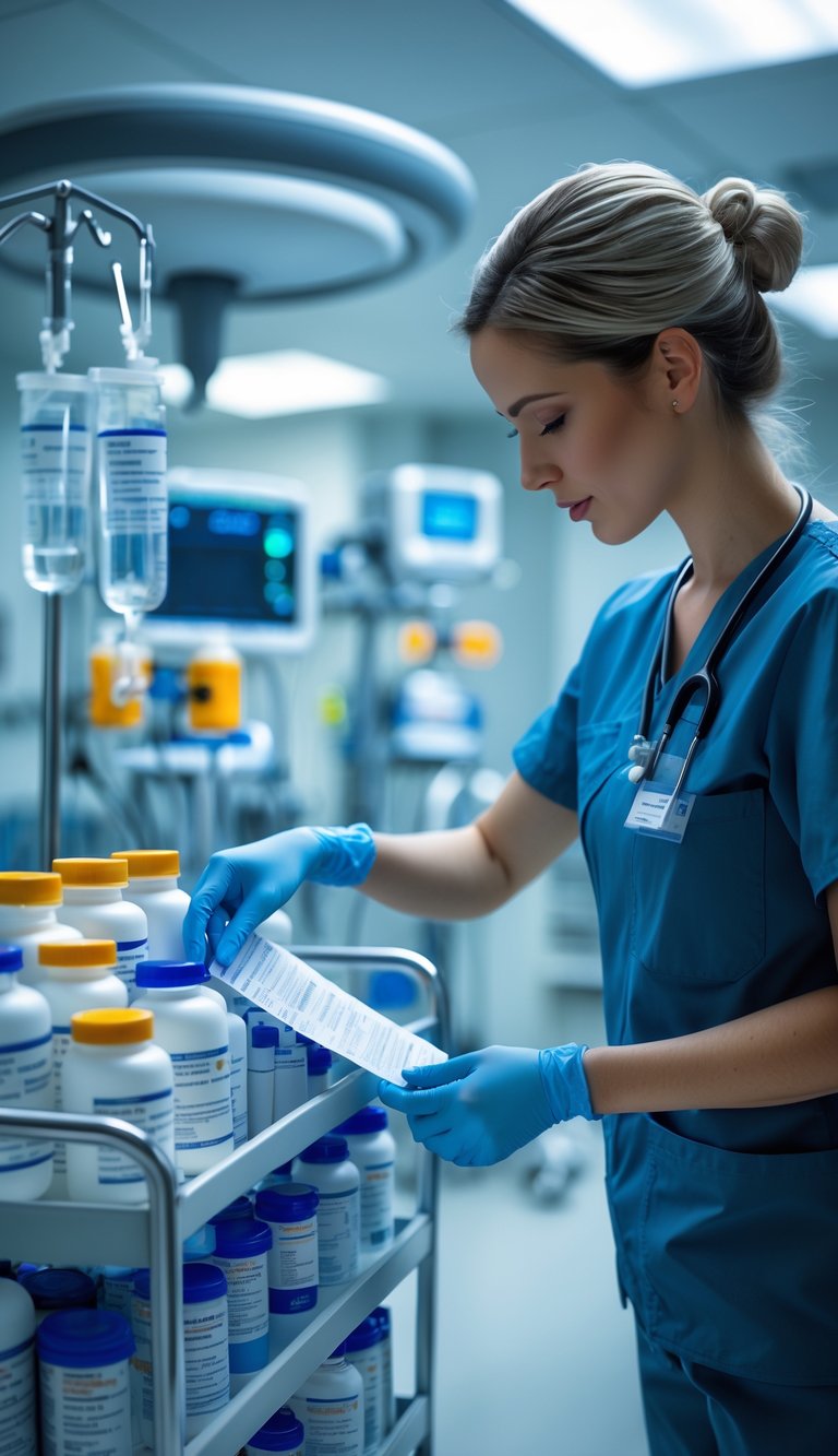 A healthcare worker in scrubs organizing prescription bottles and medical charts in an emergency room with medical equipment in the background.