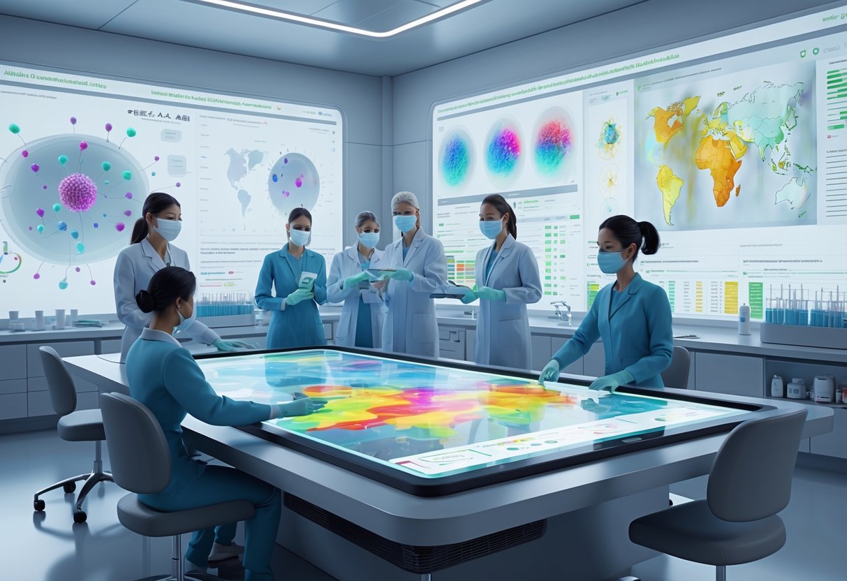 A group of healthcare professionals in protective gear collaborating around a digital table showing maps and data, with medical equipment and screens displaying virus information in a high-tech command center.