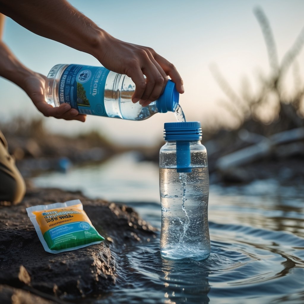 A person filtering water into a clear bottle using a portable water filter with emergency food and purification supplies on a rugged surface in a disaster-affected outdoor area.