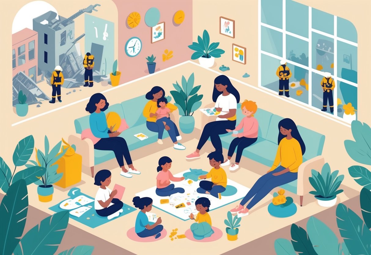 A group of children and adults in a safe space, with caregivers comforting children and others playing quietly, symbolizing support and care during emergencies.