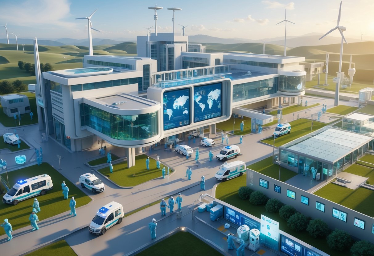 A futuristic hospital complex with healthcare workers, ambulances, drones, and scientists preparing for infectious disease outbreaks.