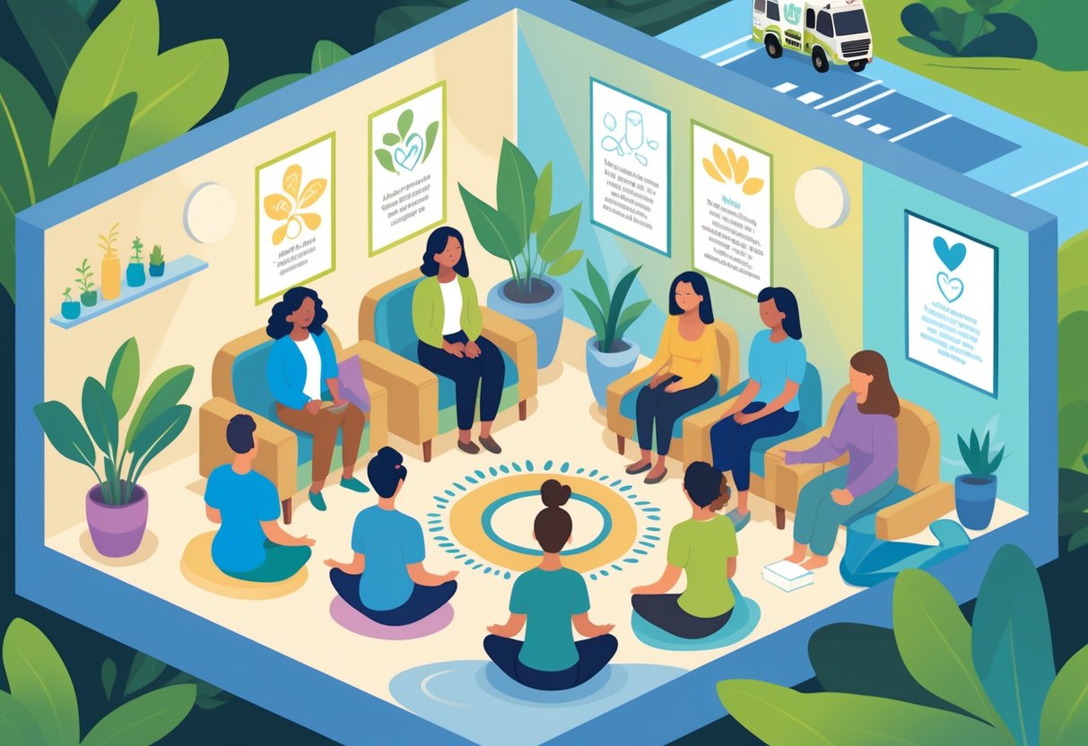 A group of people receiving mental health support and counseling in a calm indoor setting, with professionals helping them cope after an emergency.