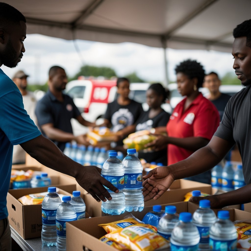 People receiving food and bottled water from relief workers at an outdoor disaster food assistance distribution point.