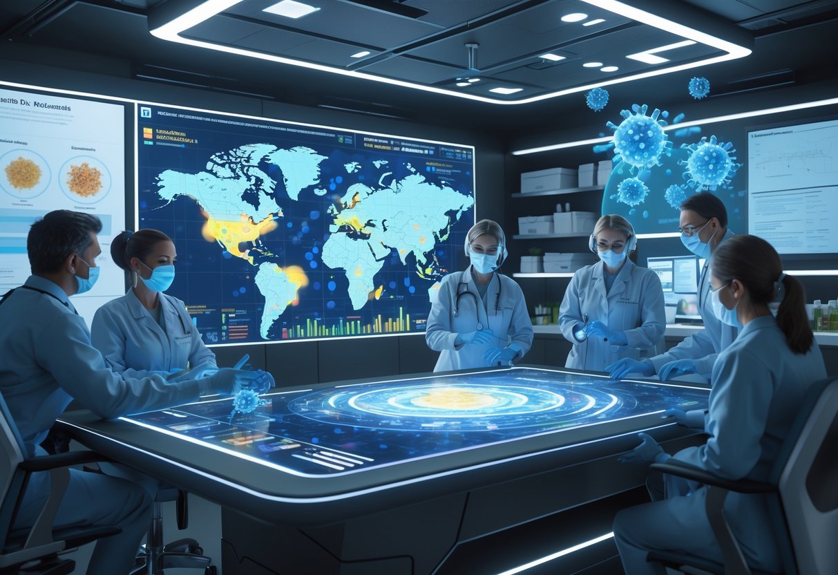 A group of healthcare professionals in a high-tech room analyzing global outbreak maps and virus models to plan for infectious disease outbreaks.