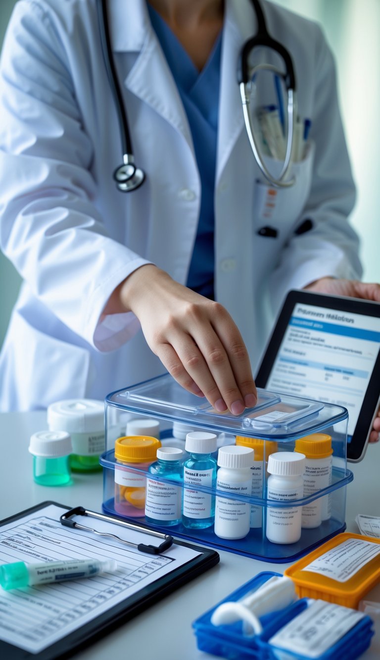 A healthcare professional in a white coat reviews an organized emergency medication kit with prescription bottles and medical supplies in a medical office.