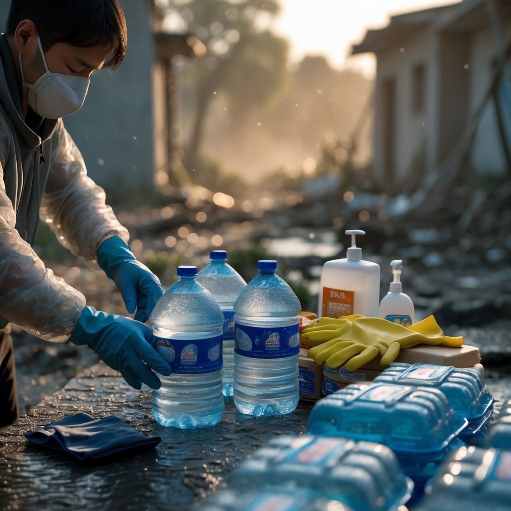 A person wearing gloves and a mask carefully handling sealed water bottles and packaged food amid a disaster cleanup scene with damaged surroundings and scattered debris.
