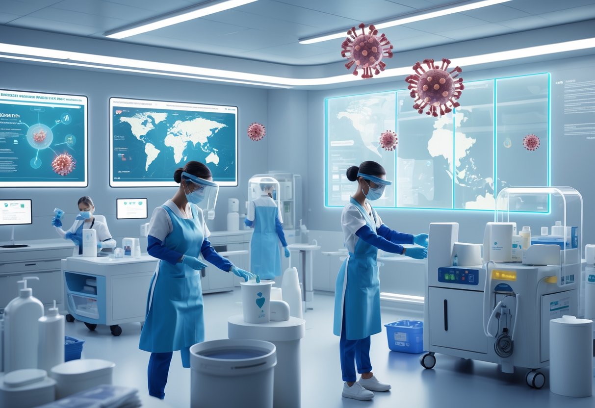 Healthcare workers in protective gear sanitizing a medical facility with digital displays showing virus data and outbreak maps, symbolizing infection prevention and outbreak preparedness.