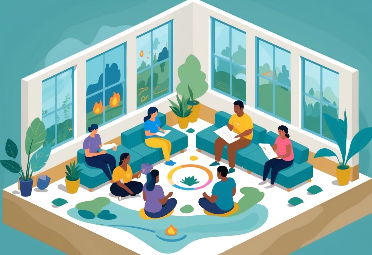 People in a safe indoor space practicing calming activities and supporting each other during an emergency.