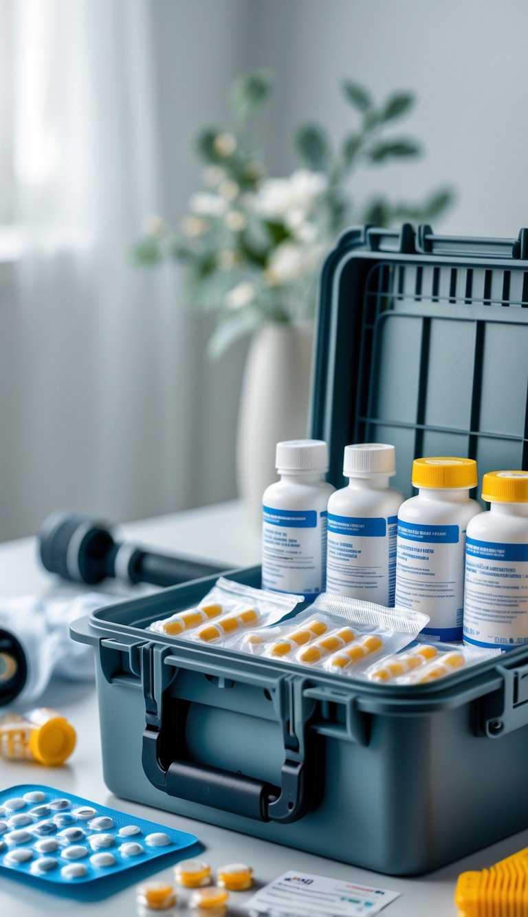 A neatly organized first aid kit containing prescription medication bottles and blister packs, placed on a table with emergency supplies nearby.