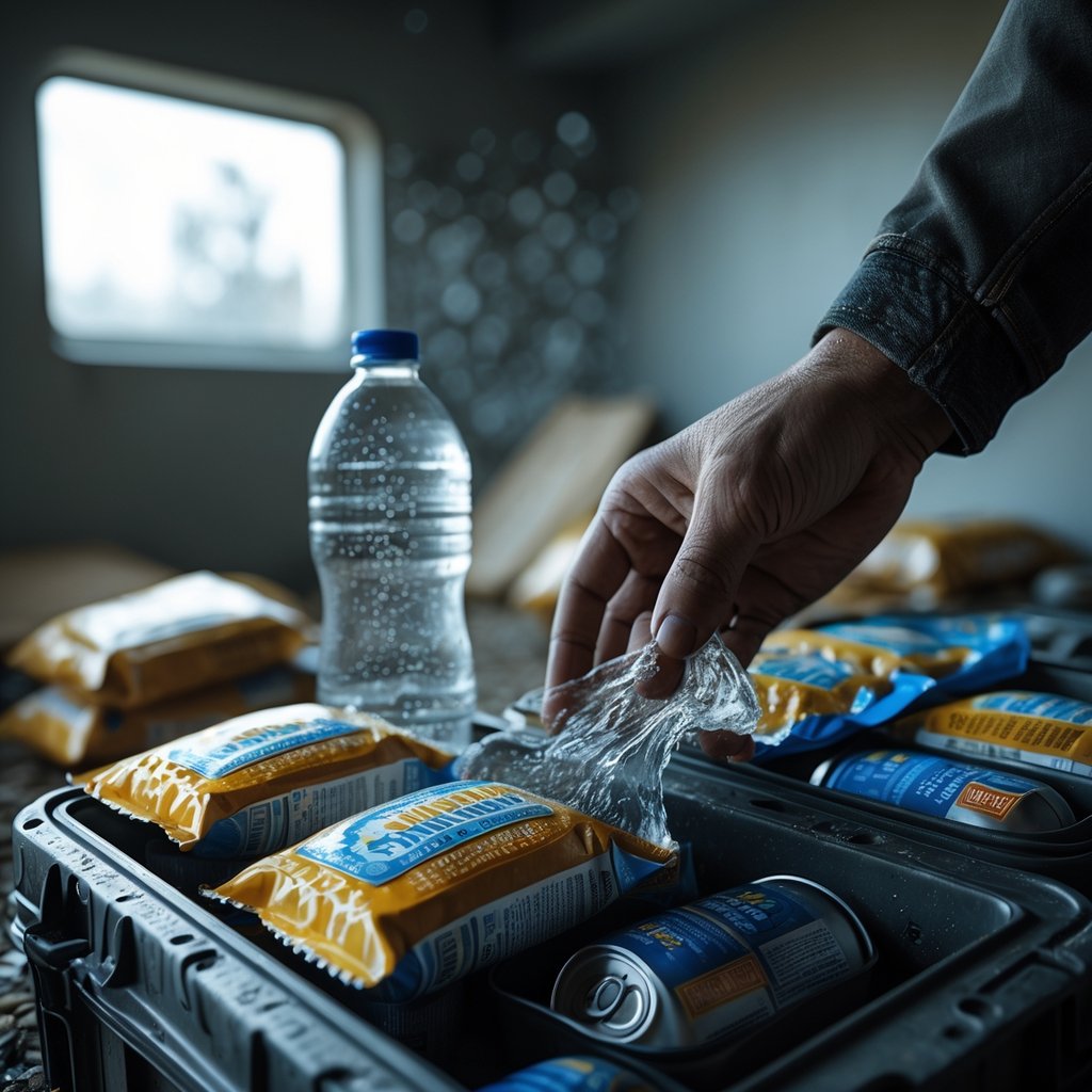 Close-up of emergency food supplies and a water bottle inside a shelter, with a hand reaching for them.