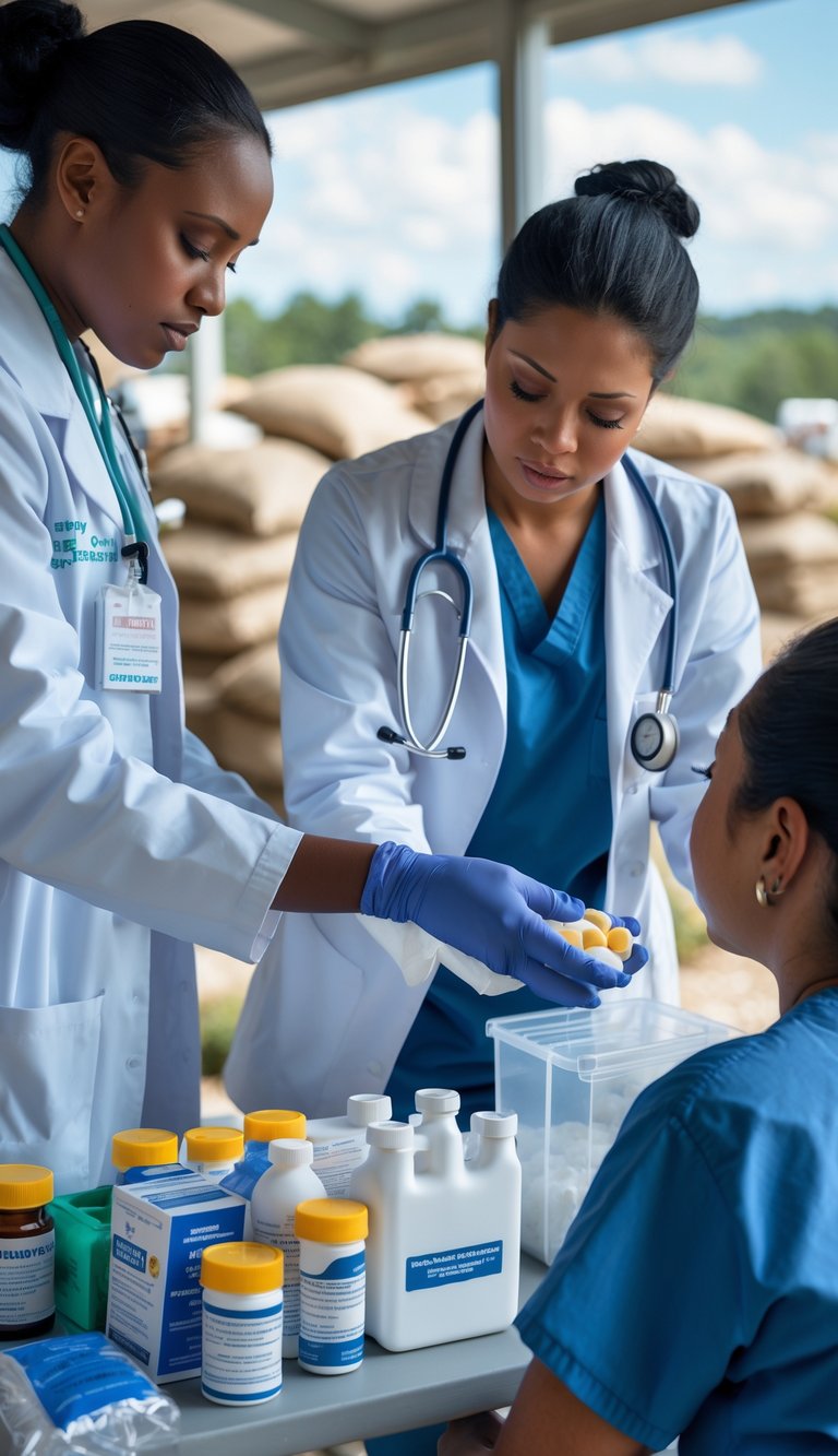 A healthcare professional giving prescription medication to a patient in an emergency relief setting with medical supplies visible.
