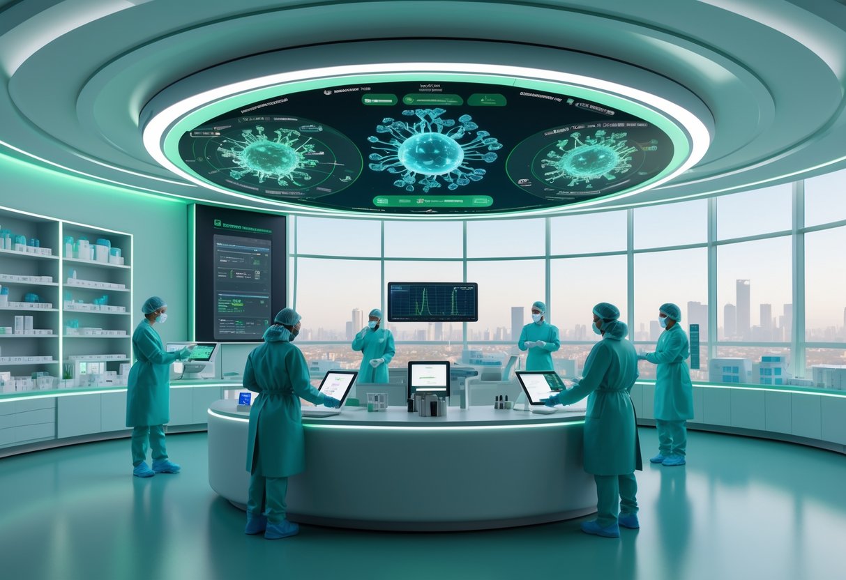 A futuristic health command center with healthcare workers analyzing holographic virus data and maps, surrounded by medical supplies and equipment.