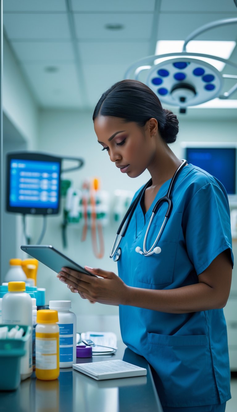 Healthcare professional reviewing medication prescriptions on a tablet in an emergency room with medical equipment nearby.
