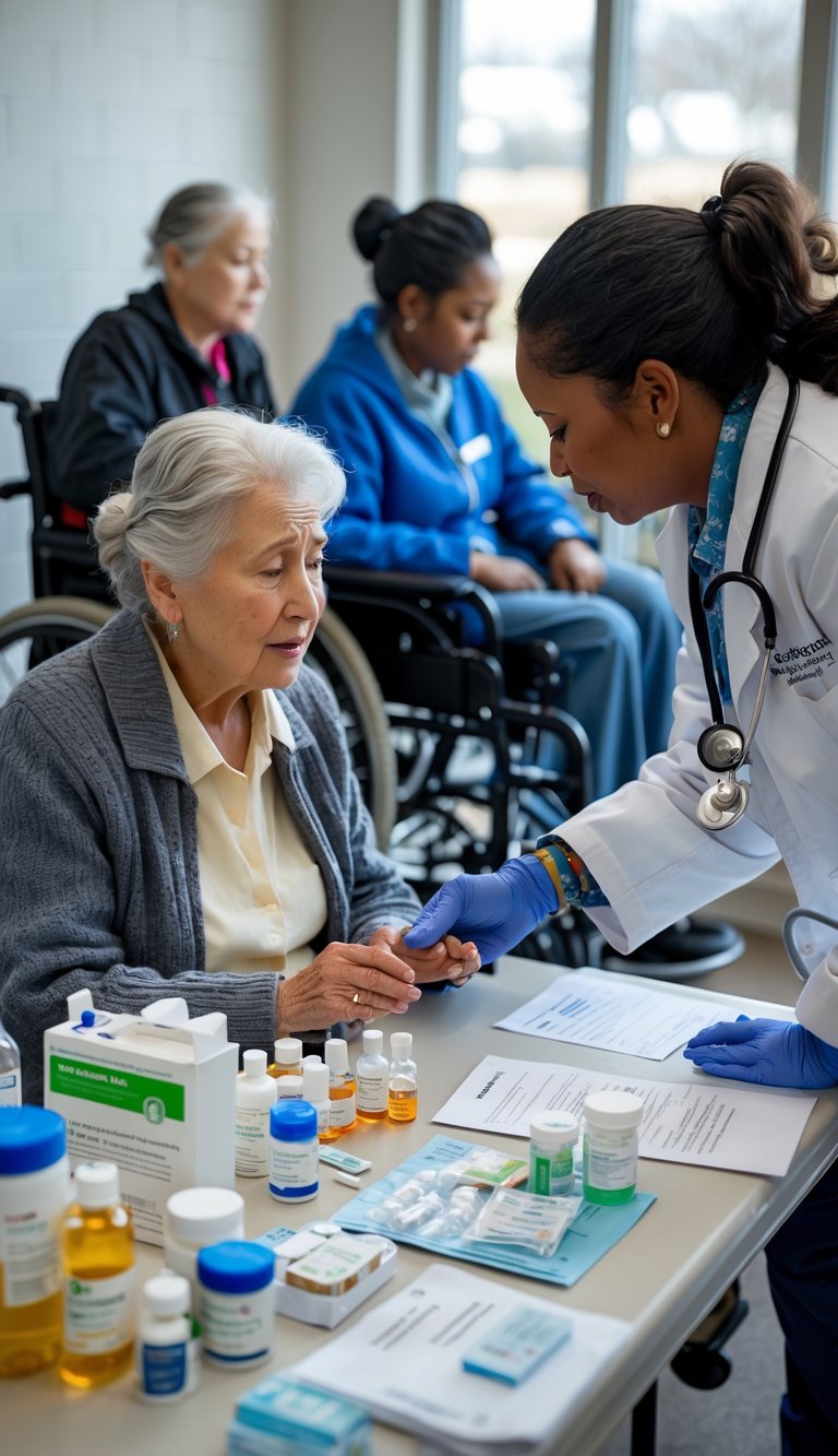 A healthcare worker helps an elderly woman manage her medications in an emergency shelter with other people receiving support in the background.