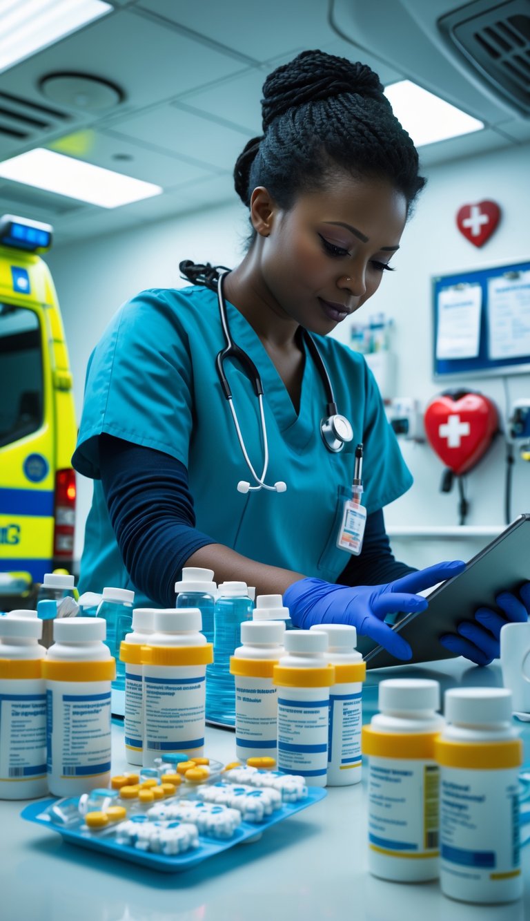 A healthcare professional organizing medications and using a digital device in an emergency medical setting with medical equipment in the background.