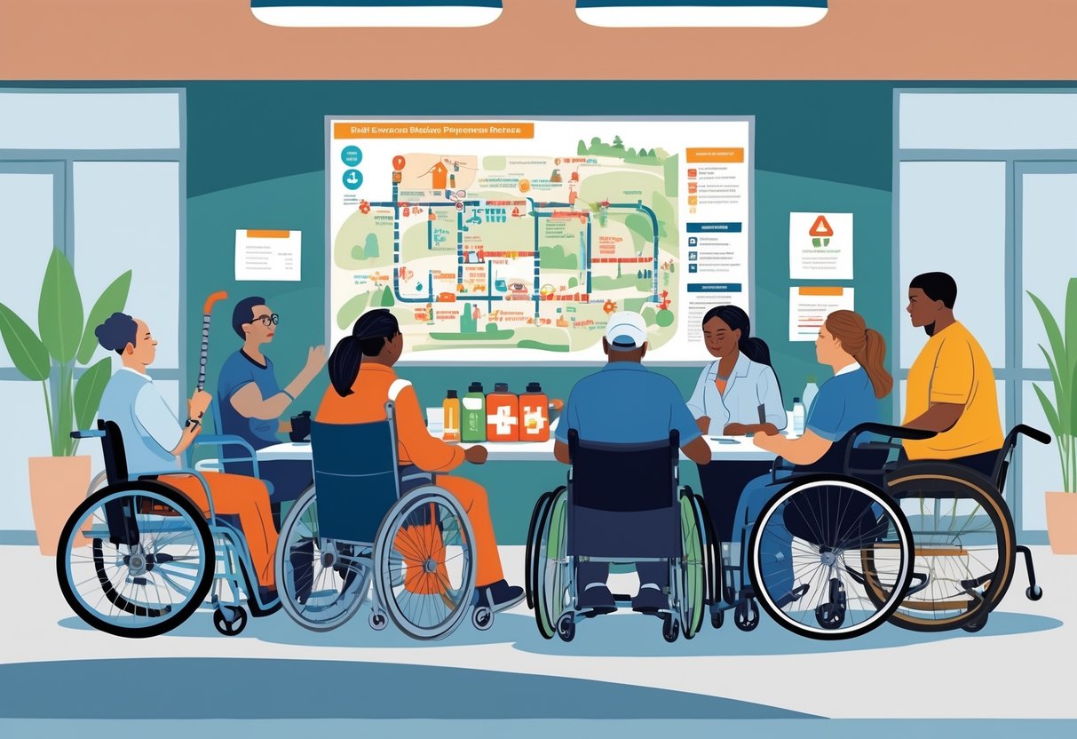A group of people with various disabilities working together on emergency preparedness around a table with supplies and a map showing evacuation routes.