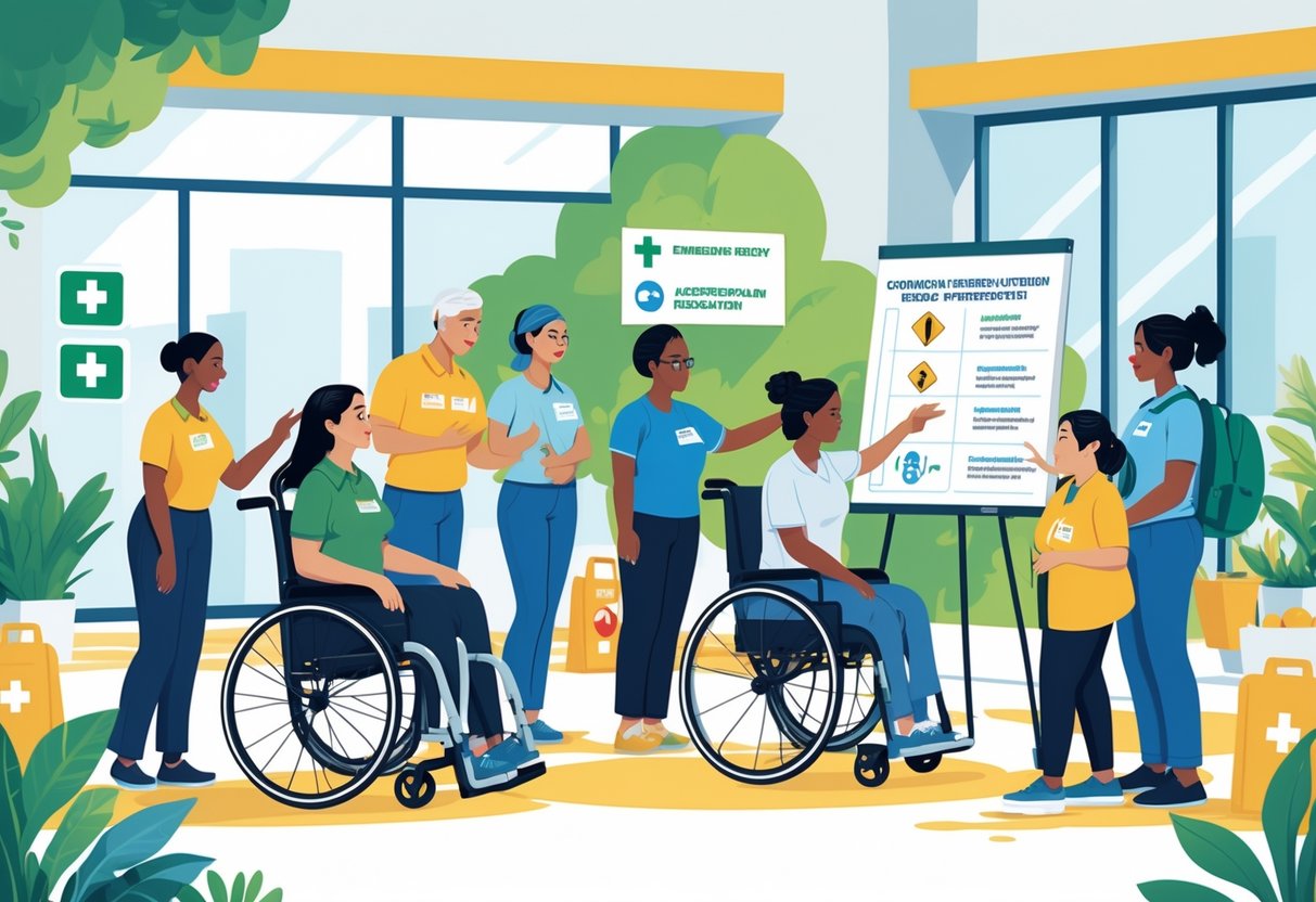 A diverse group of people with disabilities participating in an emergency preparedness drill led by a coordinator, showing accessible safety plans and equipment.