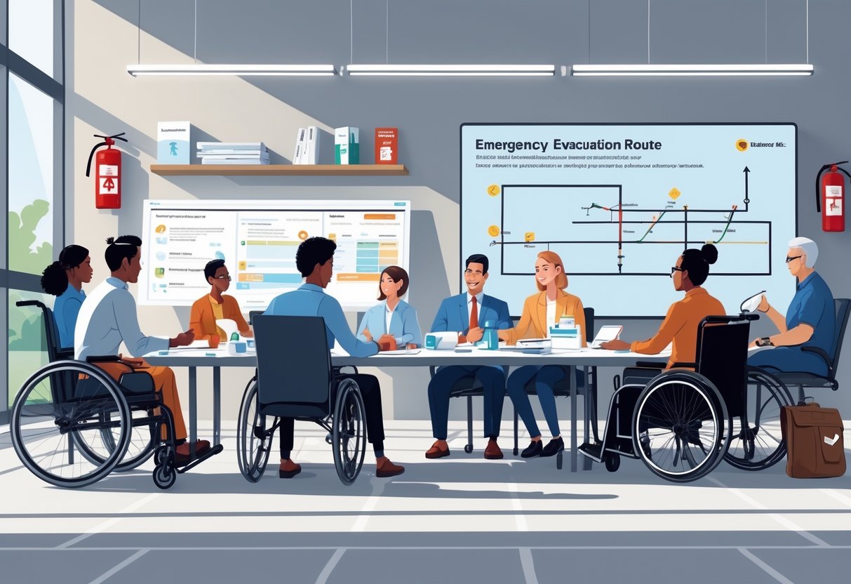A diverse group of people, including individuals with disabilities, working together around a table to develop an emergency preparedness plan with maps and emergency supplies.