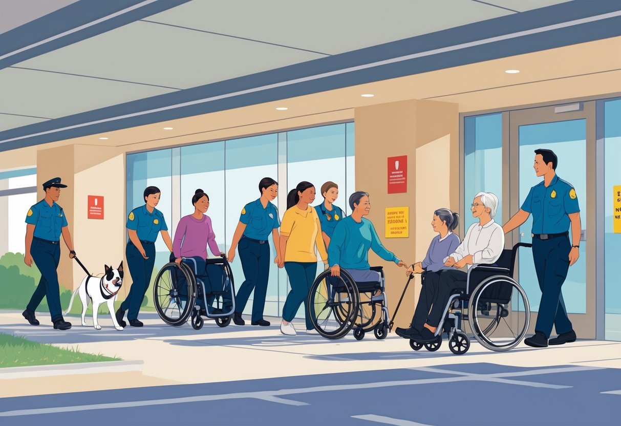 A group of people with disabilities and emergency responders participating in a safe evacuation drill inside an accessible public building.