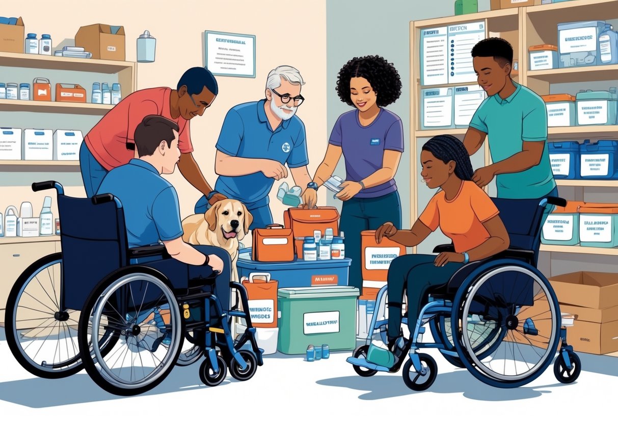 A group of people with different disabilities preparing emergency kits and medical supplies together in a well-organized room.