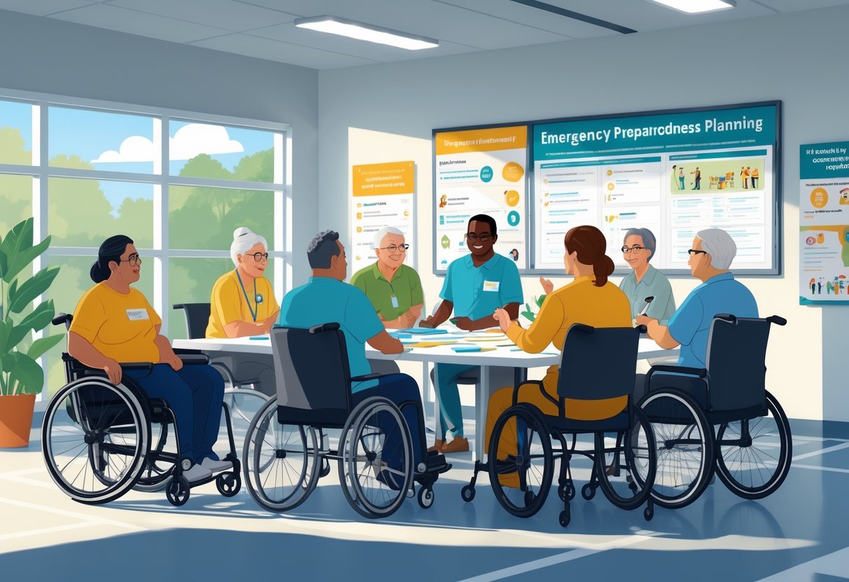 A diverse group of people, including individuals with disabilities, collaborating around a table with maps and emergency supplies in an accessible community room focused on emergency preparedness.