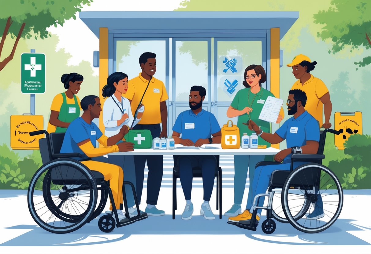 A diverse group of people with disabilities planning emergency preparedness together around a table with maps and supplies in an accessible shelter.