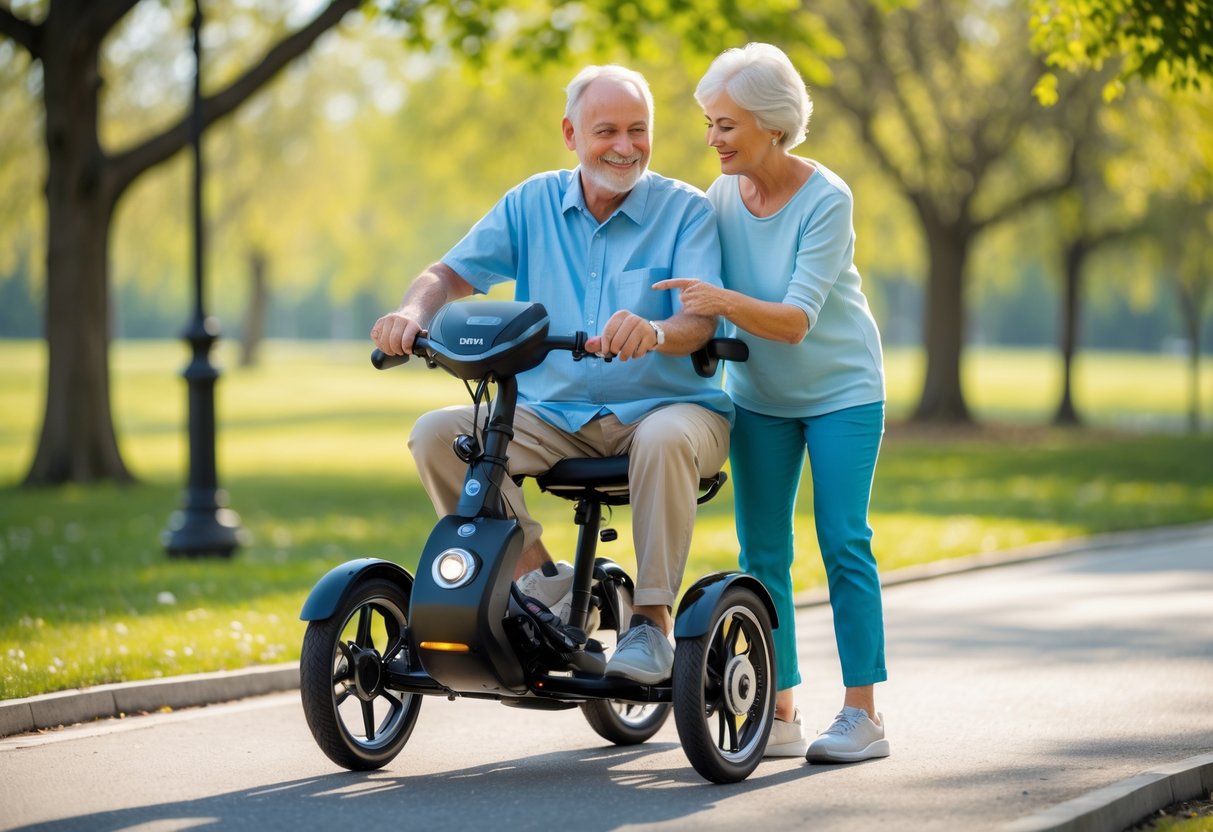 A senior man sitting on an electric tricycle in a park while a senior woman stands beside him pointing at the controls.