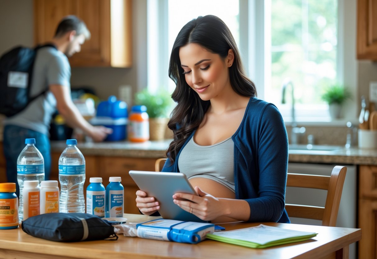 A pregnant woman sitting at a kitchen table with emergency supplies, reviewing a checklist on a tablet while a partner packs a go-bag nearby.