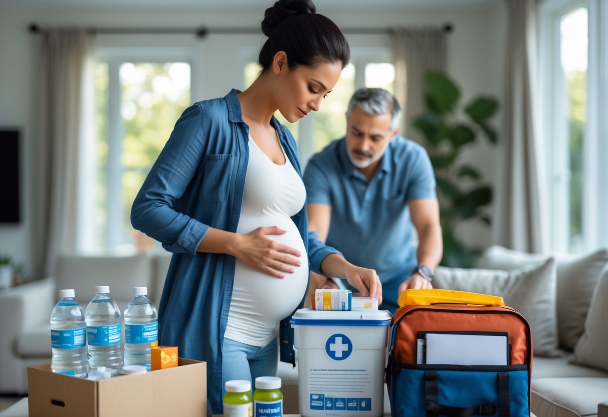 A pregnant woman packing an emergency kit at home with a supportive partner nearby.
