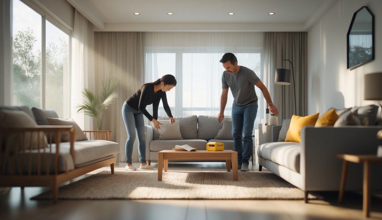 A family in a living room securing furniture and preparing a first aid kit to keep their home safe during disasters.