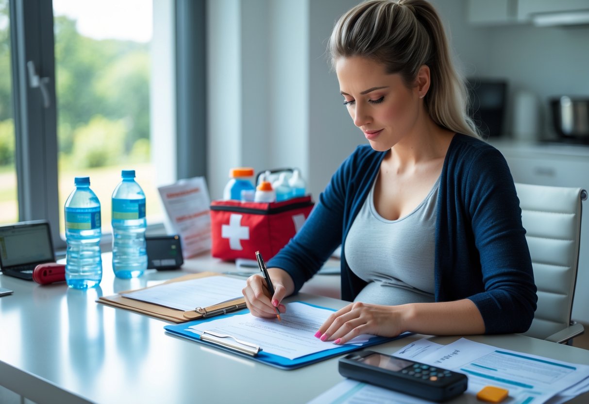 A pregnant woman sitting at a desk organizing emergency supplies and writing notes as part of an emergency preparedness plan.