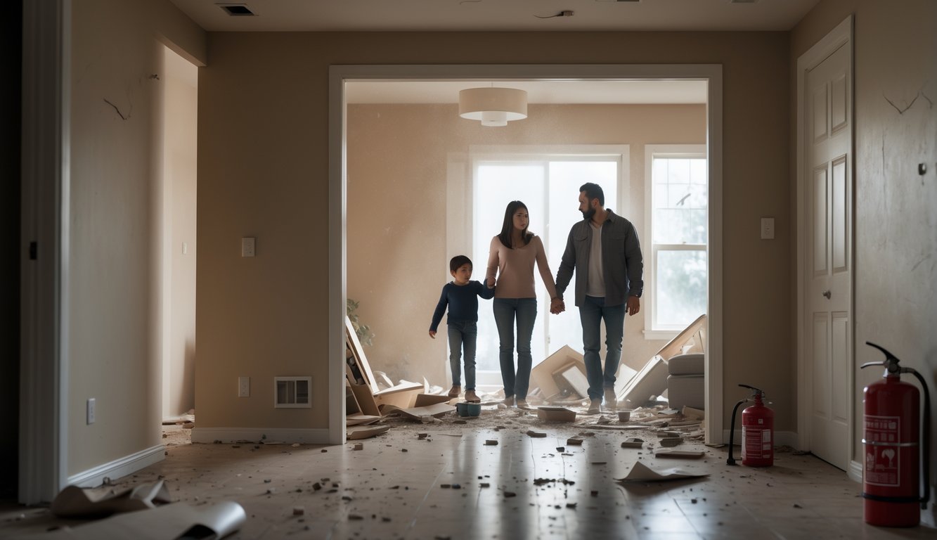 A family carefully moving through their home during a disaster, with visible signs of minor damage and safety equipment nearby.