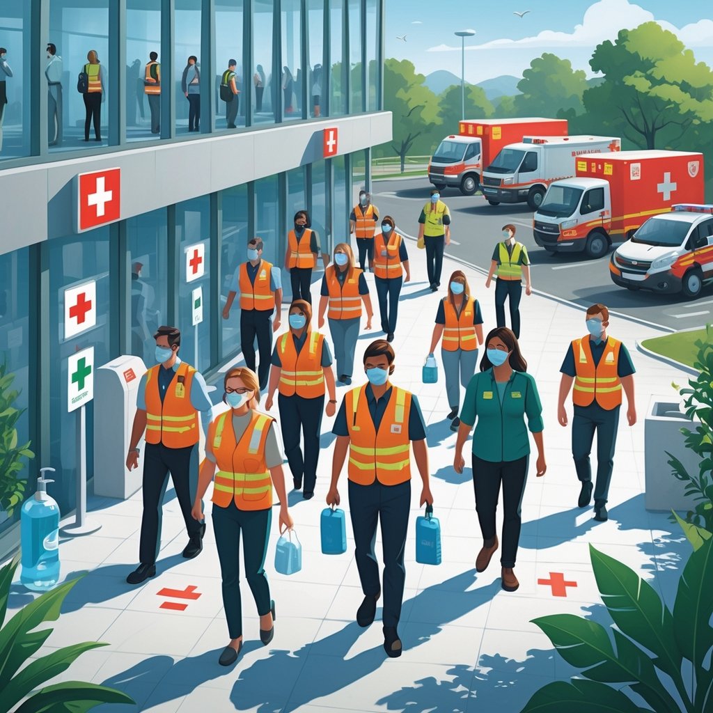 People calmly evacuating a building with emergency responders guiding them, carrying essential items, and following health and safety measures.