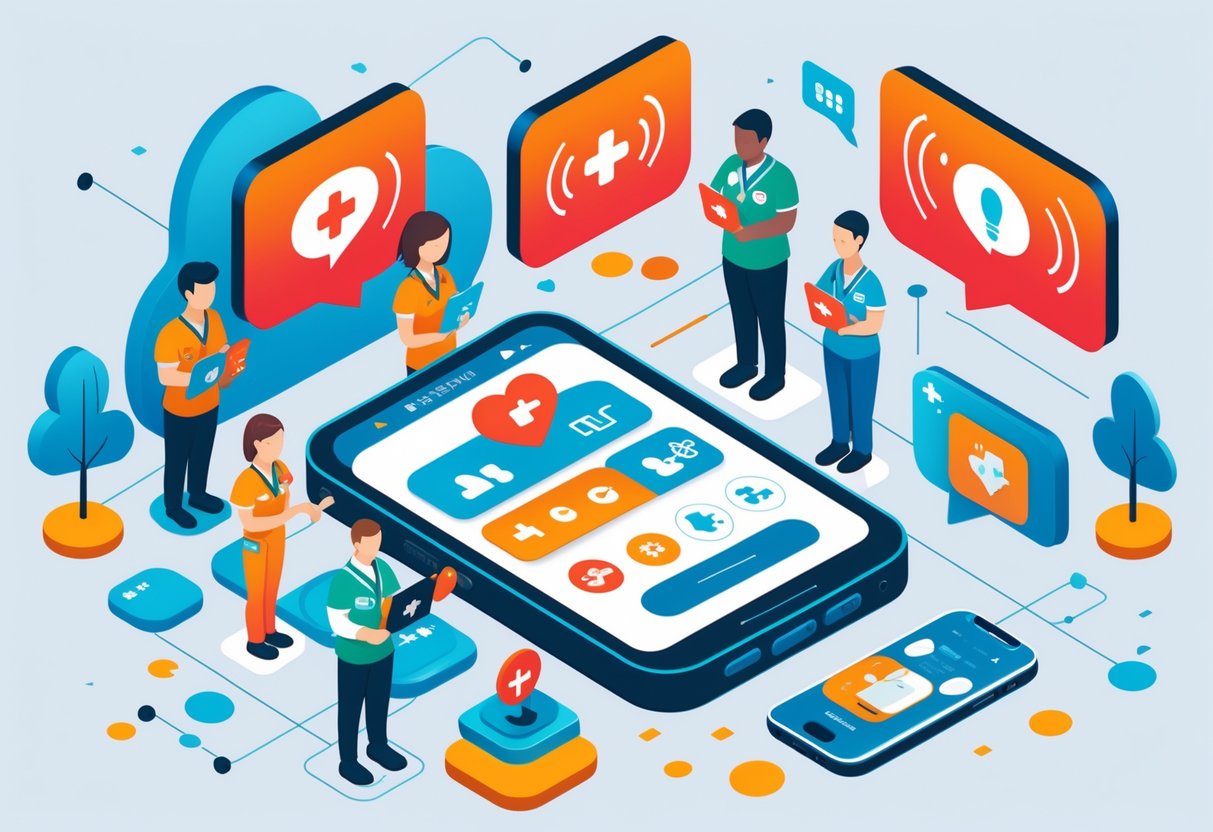 People including a paramedic and nurse sharing important health information using a digital device, with an ambulance and hospital in the background.