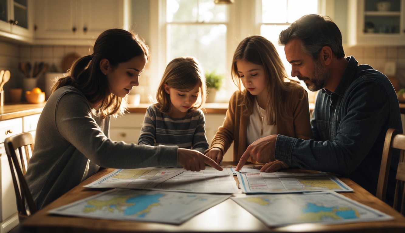 A family of four gathered around a kitchen table, reviewing emergency plans and safety checklists together.